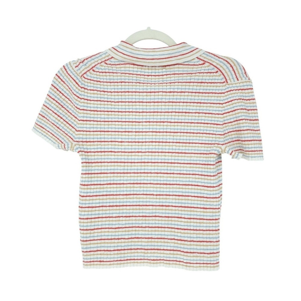 Coastal Retro70s ButtonUP Polo Top Women S MultiColor Stripe ShortSleeve Ribbed - Picture 2 of 6